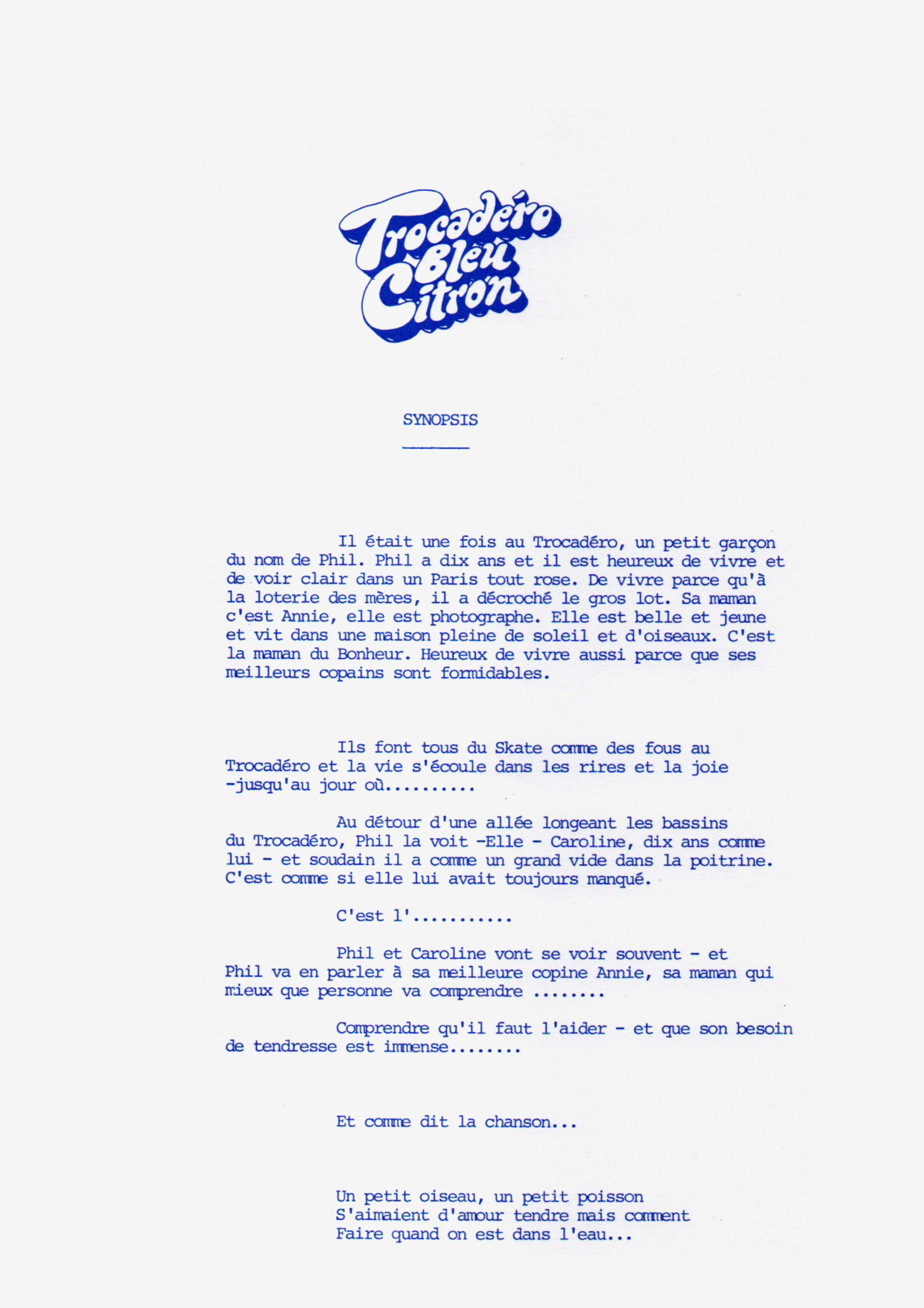 Page du dossier de presse du film Trocadéro Bleu Citron (1978).